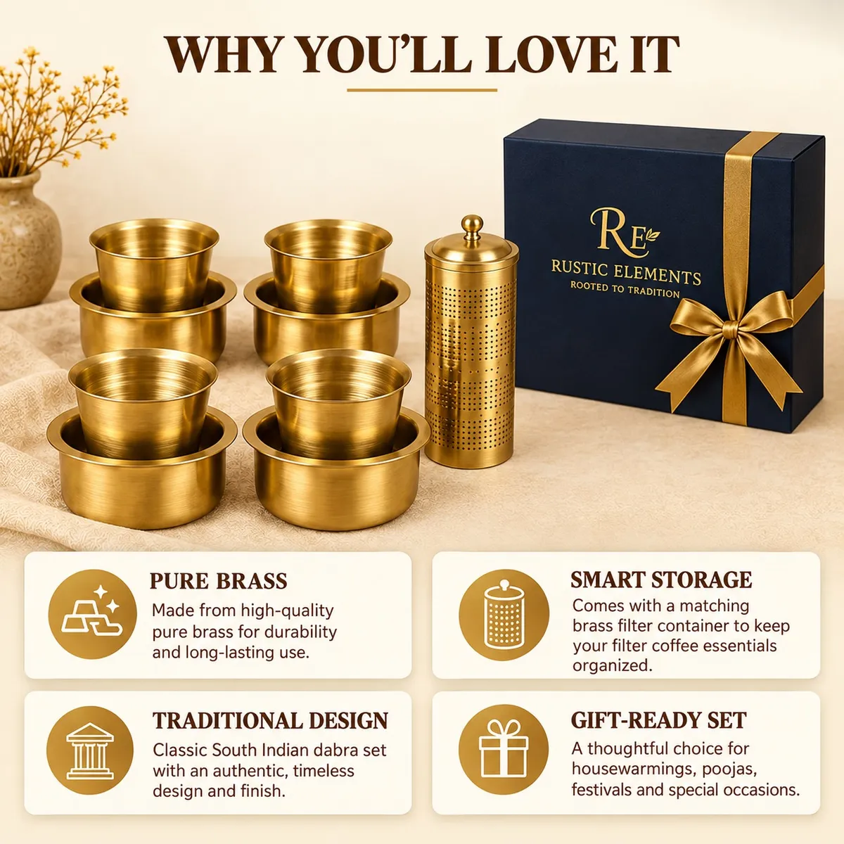 Pure Brass Coffee Dabra Set – With Filter — view 3