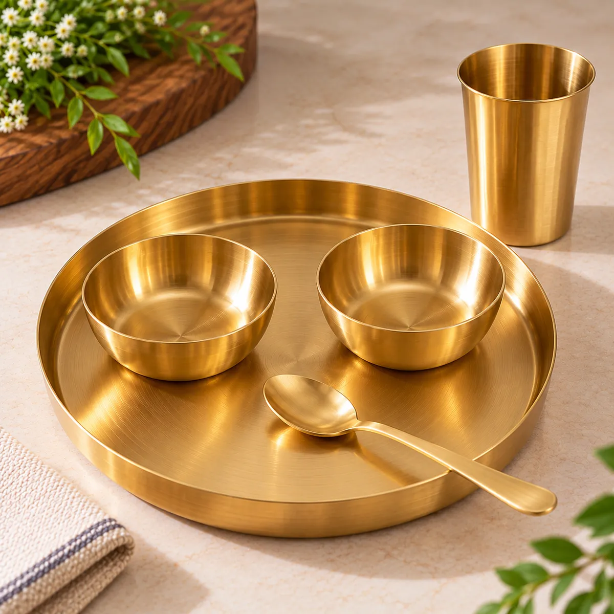 Brass Dinner Thali Set – Thali, 4 Bowls, Glass & Spoon — view 1