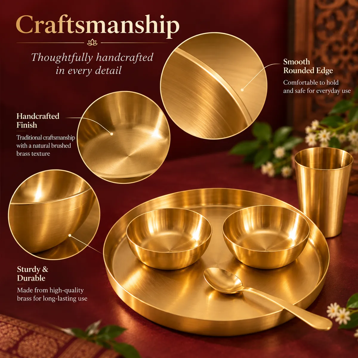 Brass Dinner Thali Set – Thali, 4 Bowls, Glass & Spoon — view 3