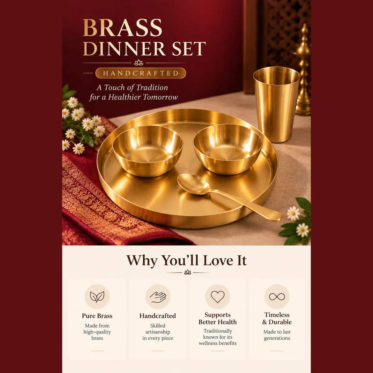 Brass Dinner Thali Set – Thali, 4 Bowls, Glass & Spoon — view 4