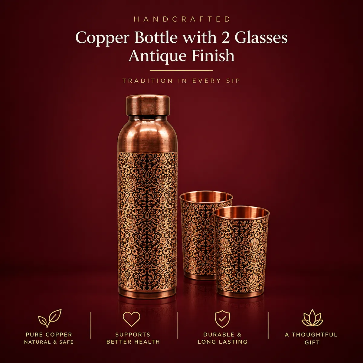 Copper Bottle with 2 Glasses – Antique Finish — view 3