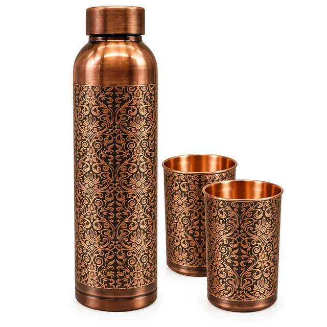 Copper Bottle with 2 Glasses – Antique Finish — handcrafted copper