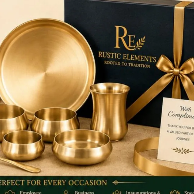 Curve Thali Set – Brass & Kansa · 7 Pieces · Gift Boxed — handcrafted brass & kansa