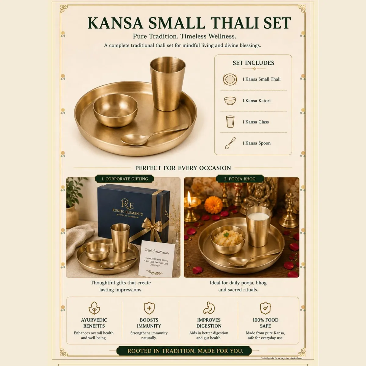 Kansa Small Thali Set – Thali, Katori, Glass & Spoon — view 4