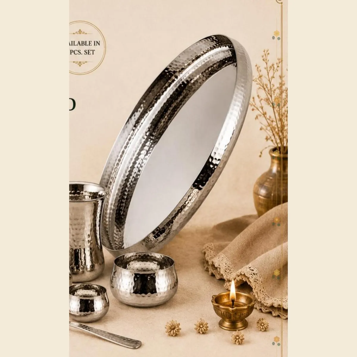 Pure Steel Curved Hammered Thali Set – 8-Piece Set — view 2