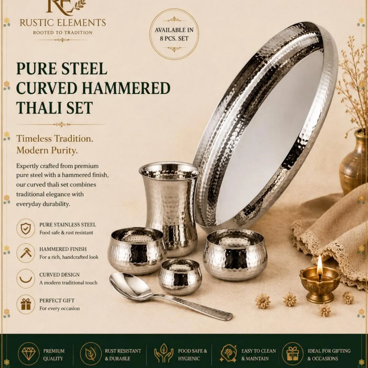 Pure Steel Curved Hammered Thali Set – 8-Piece Set — view 3