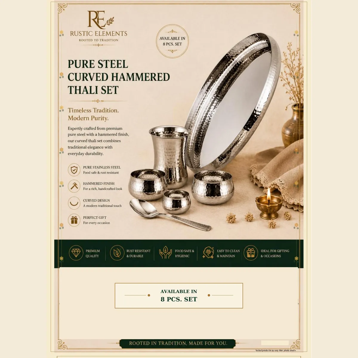 Pure Steel Curved Hammered Thali Set – 8-Piece Set — view 5