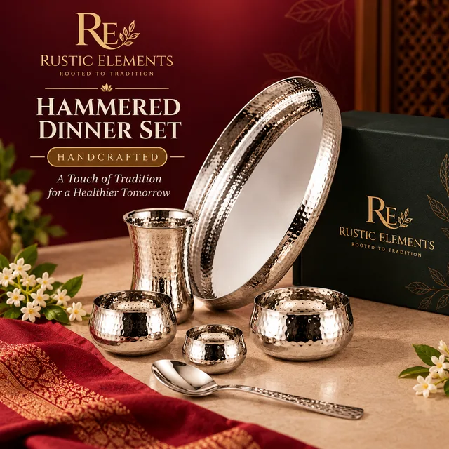 Pure Steel Curved Hammered Thali Set – 8-Piece Set — handcrafted stainless steel · hammered