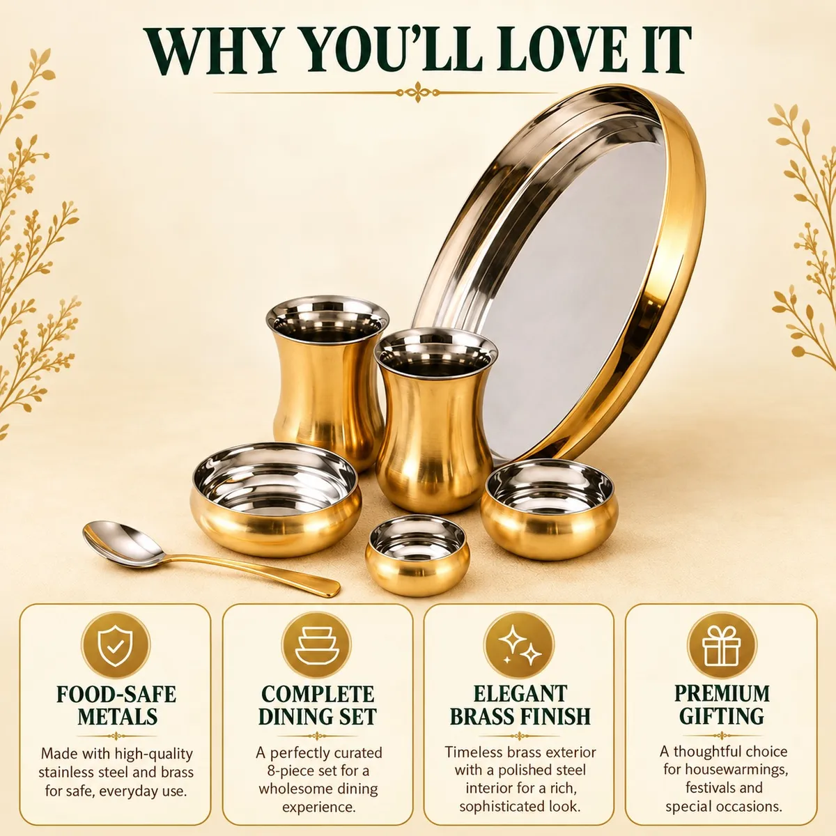 Steel Brass Curved Thali Set – 8-Piece Set — view 3