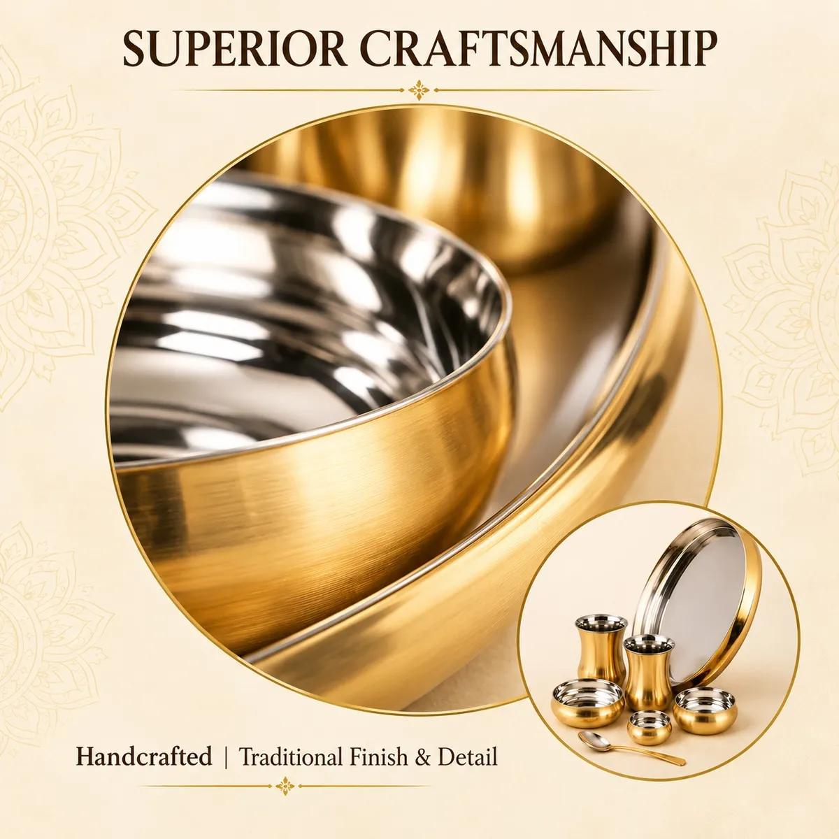 Steel Brass Curved Thali Set – 8-Piece Set — view 4