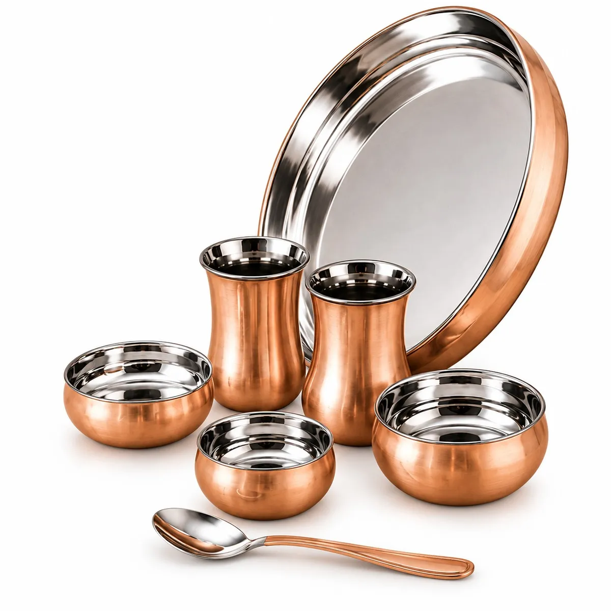 Steel Copper Curved Thali Set – 8-Piece Set — view 1