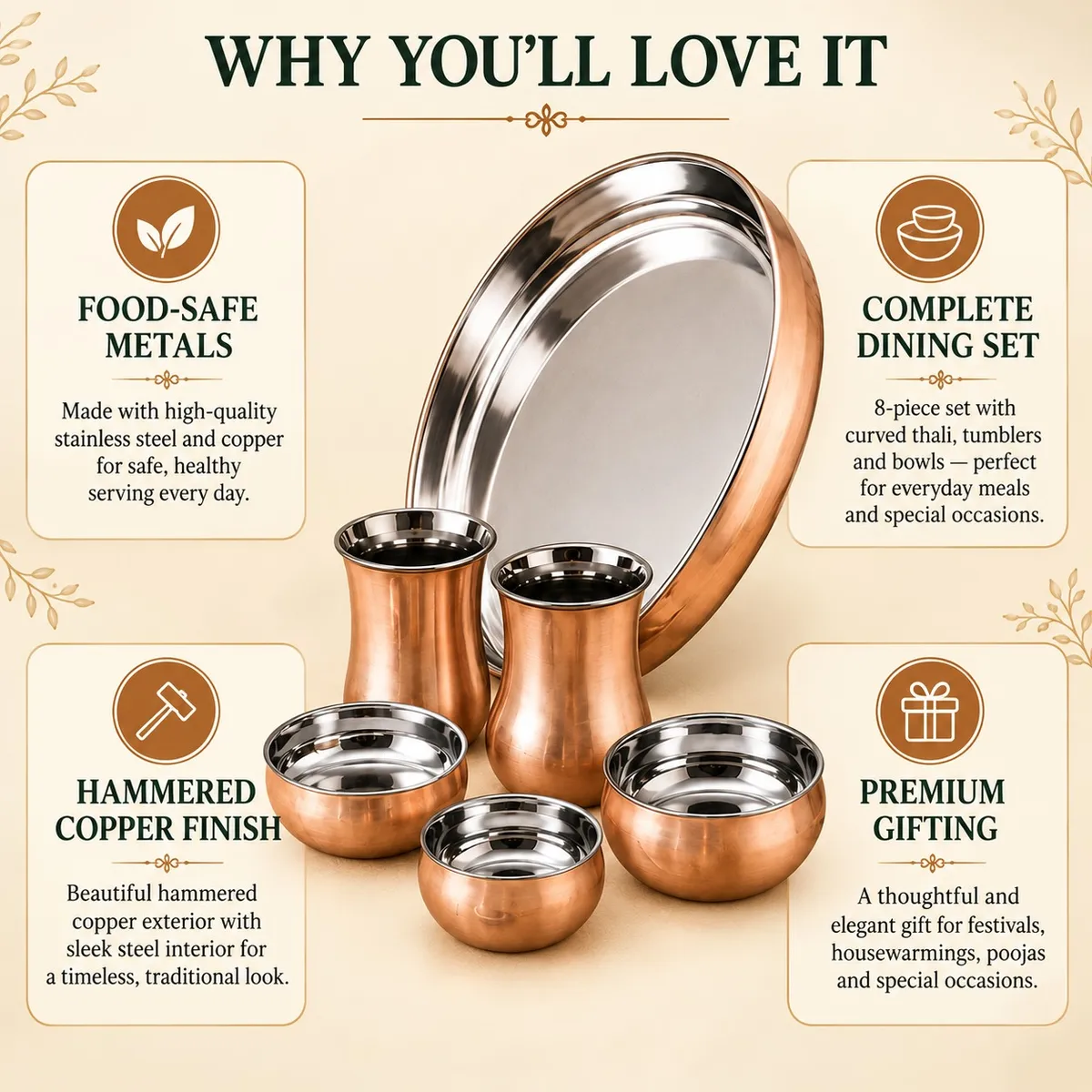 Steel Copper Curved Thali Set – 8-Piece Set — view 3