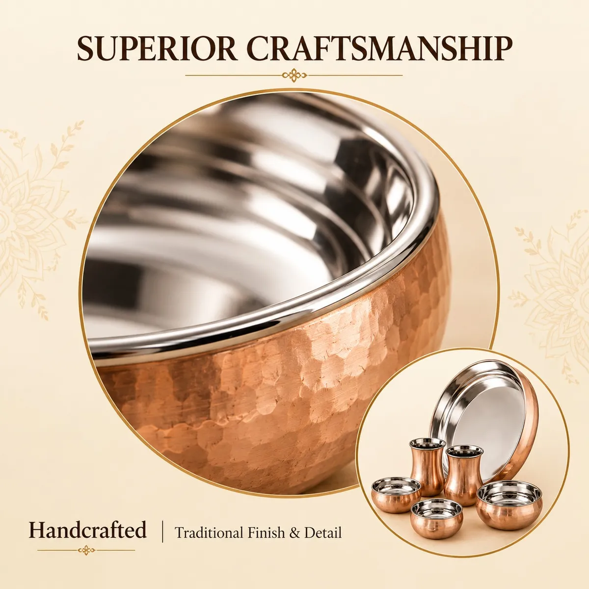 Steel Copper Curved Thali Set – 8-Piece Set — view 4