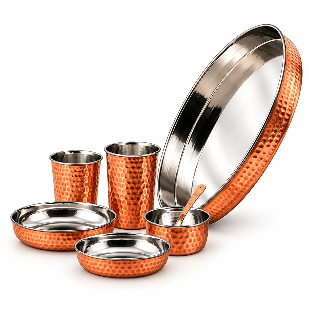 Steel Copper Hammered Thali Set – 7-Piece Set — view 1
