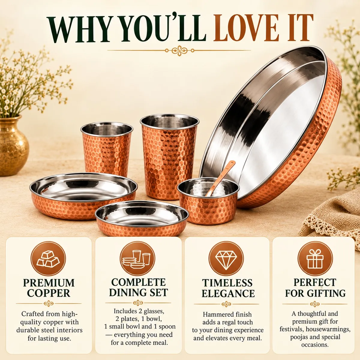 Steel Copper Hammered Thali Set – 7-Piece Set — view 3